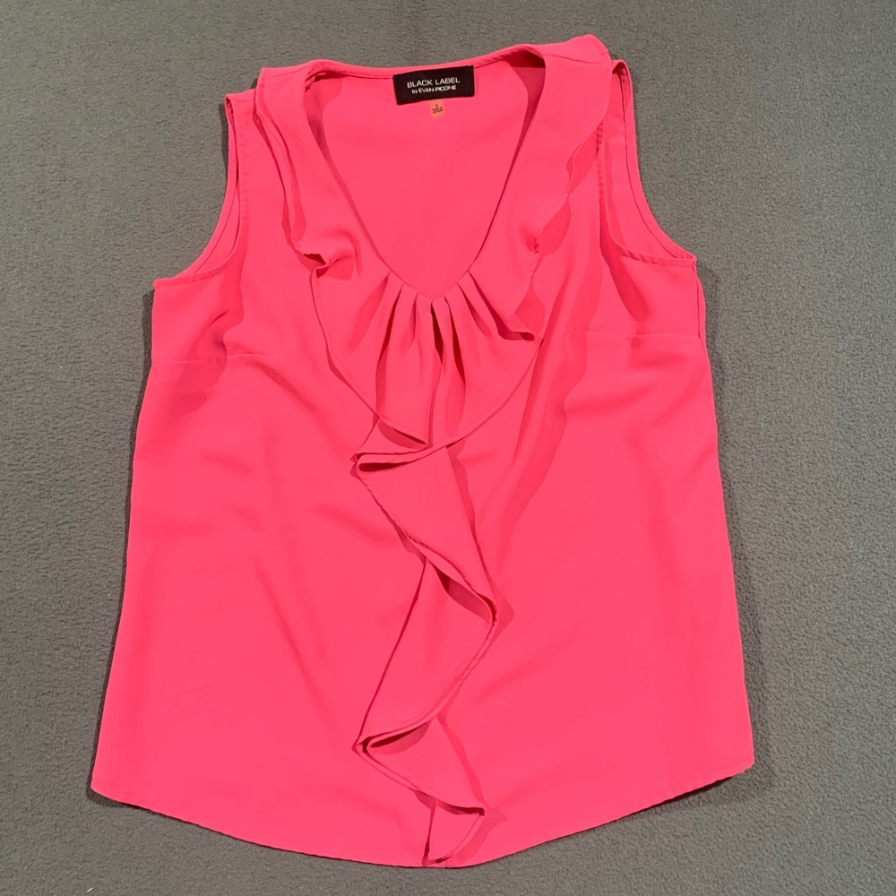 Black Label by Evan Picone Bright Pink Ruffle Front Sleeveless Blouse Small‎